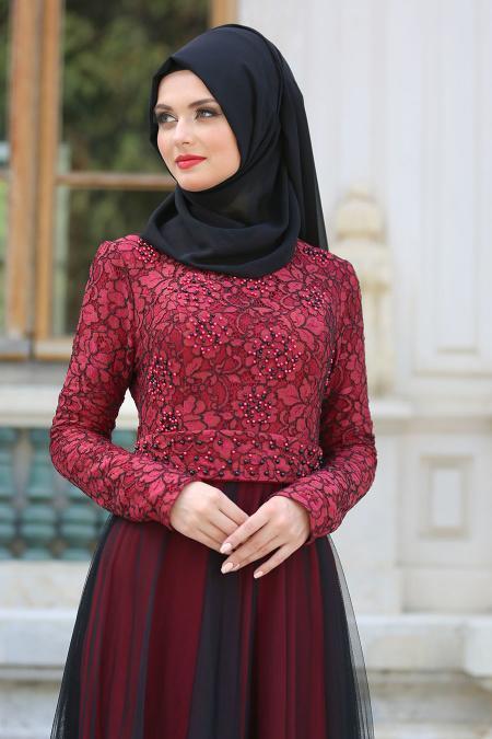 Tesettürlü Abiye Elbise - İnci Kemerli Dantel Detaylı Bordo Abiye Elbise 7583BR - 2