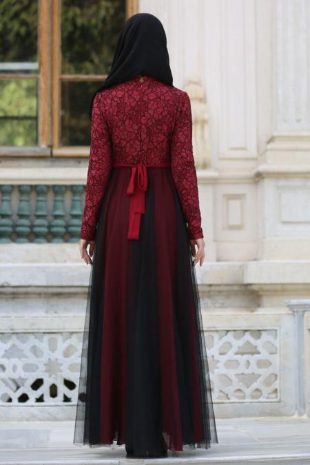 Tesettürlü Abiye Elbise - İnci Kemerli Dantel Detaylı Bordo Abiye Elbise 7583BR - 3
