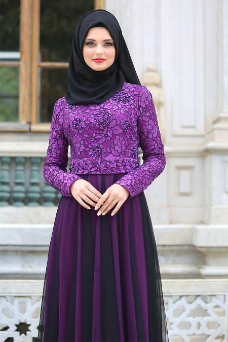 Tesettürlü Abiye Elbise - İnci Kemerli Dantel Detaylı Mor Abiye Elbise 7583MOR - 2