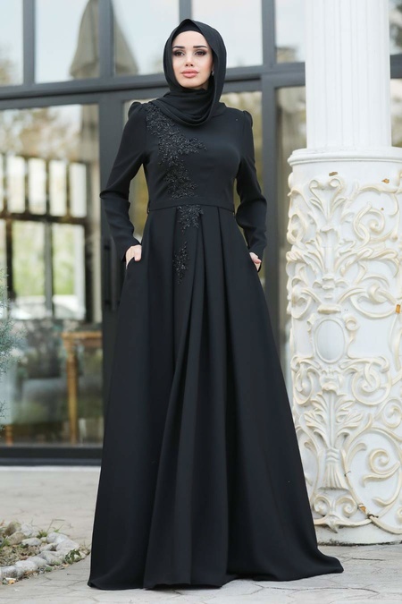 Tesettürlü Abiye Elbise - İşlemeli Siyah Tesettür Abiye Elbise 36201S