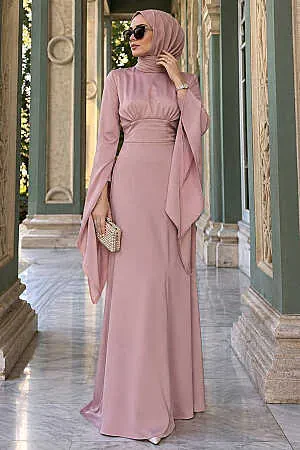 Bell-Sleeve Powder Pink Modest Satin Evening Dress 6258PD 