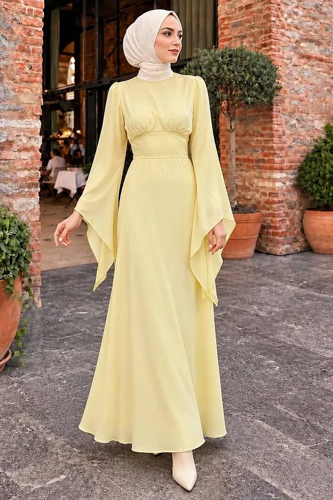 Tesettürlü Abiye Elbise - İspanyol Kol Sarı Tesettür Saten Abiye Elbise 6258SR - 1