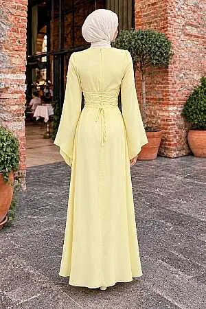 Tesettürlü Abiye Elbise - İspanyol Kol Sarı Tesettür Saten Abiye Elbise 6258SR - 2