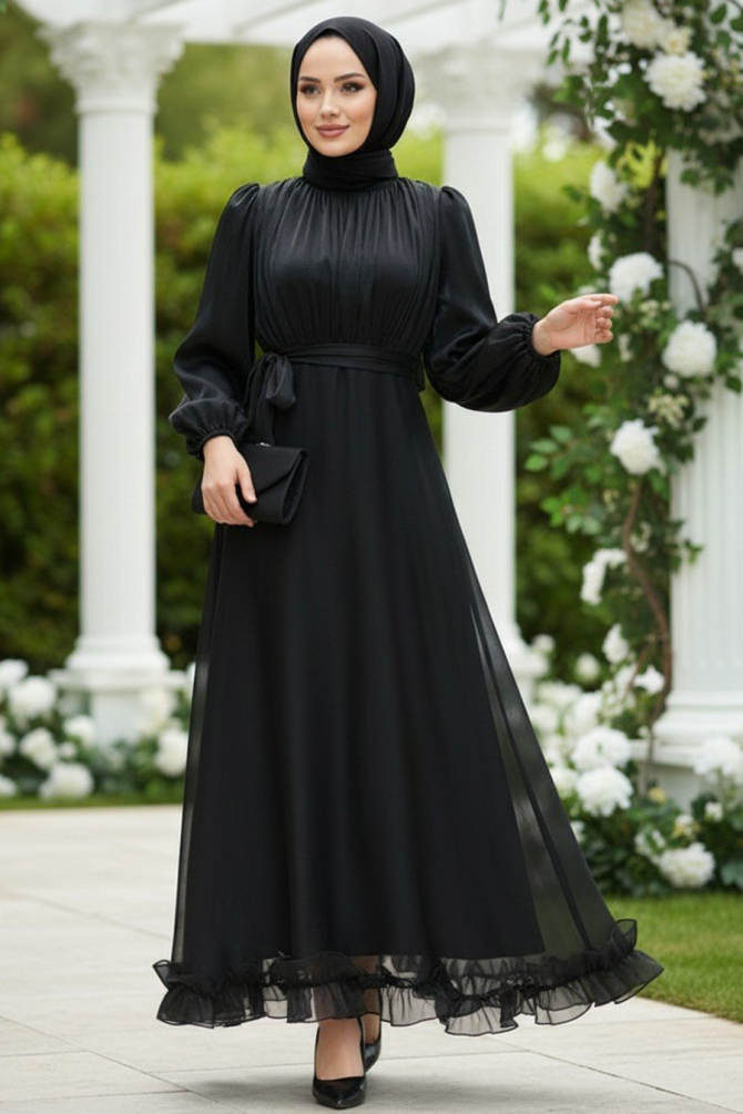 Tesettürlü Abiye Elbise - Balon Kol Siyah Tesettür Abiye Elbise 6278S - 1