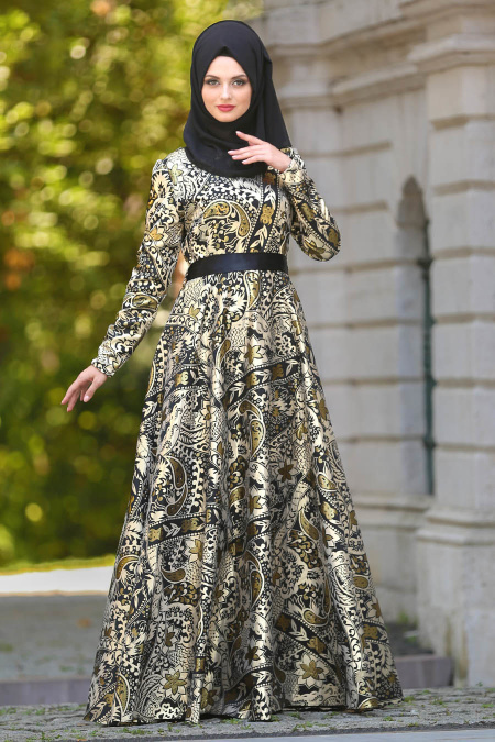 Tesettürlü Abiye Elbise - Jakarlı Desenli Siyah Tesettür Abiye Elbise 24494S
