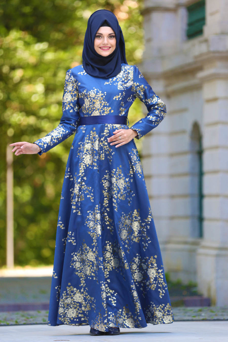 Tesettürlü Abiye Elbise - Jakarlı Sax Mavisi Tesettür Abiye Elbise 24495SX
