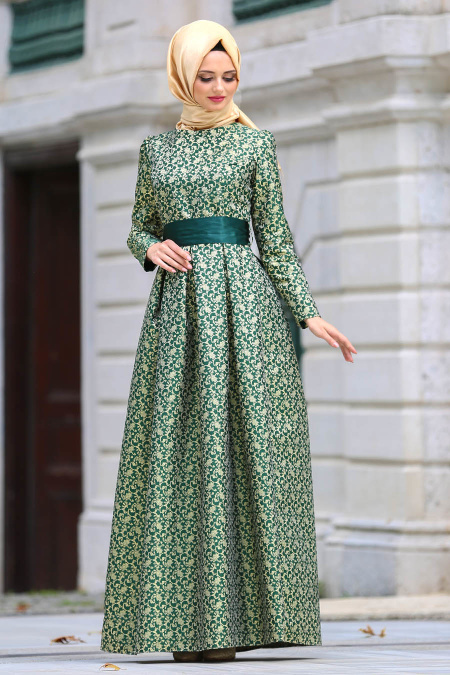 Tesettürlü Abiye Elbise - Jakarlı Yeşil Tesettür Abiye Elbise 24415Y
