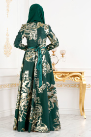 Tesettürlü Abiye Elbise - Jakarlı Yeşil Tesettür Abiye Elbise 2449Y - Thumbnail
