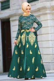 Tesettürlü Abiye Elbise - Jakarlı Yeşil Tesettür Abiye Elbise 82445Y - Thumbnail