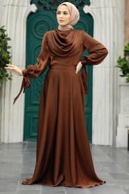 Tesettürlü Abiye Elbise - Kahverengi Saten Tesettür Abiye Elbise 38031KH - Thumbnail