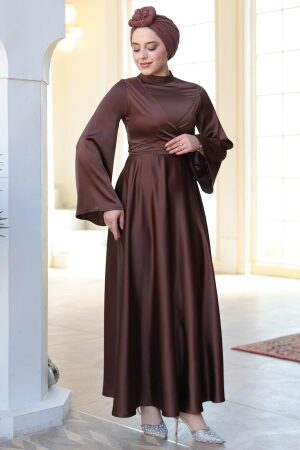 Tesettürlü Abiye Elbise - Kahverengi Saten Tesettür Abiye Elbise 6157KH - 2