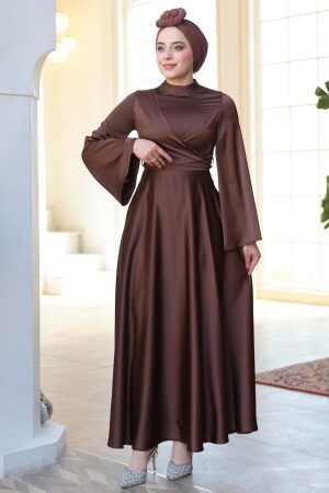 Tesettürlü Abiye Elbise - Kahverengi Saten Tesettür Abiye Elbise 6157KH - 3