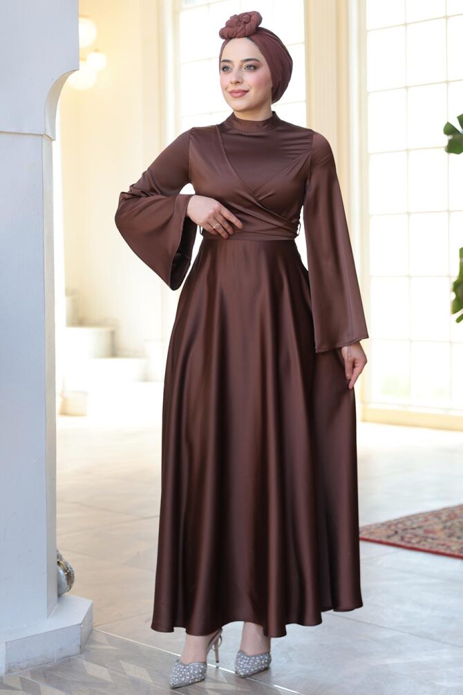 Tesettürlü Abiye Elbise - Kahverengi Saten Tesettür Abiye Elbise 6157KH - 3