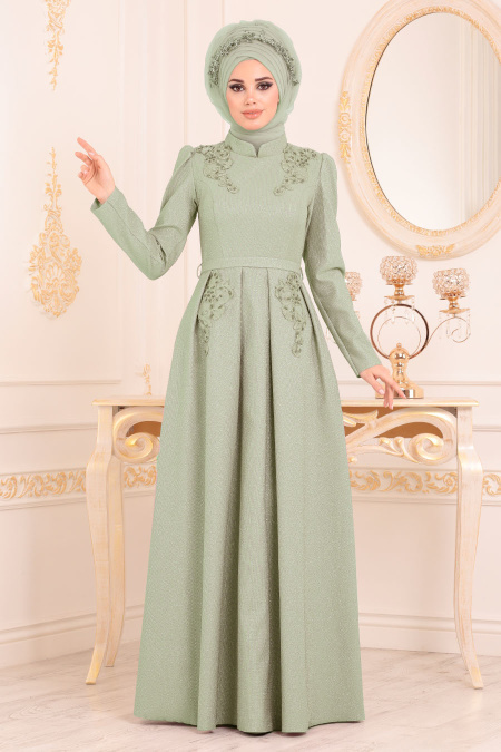 Tesettürlü Abiye Elbise- Karpuz Kol Dantel Detaylı Fıstık Yeşili Tesettür Abiye Elbise 36540FY