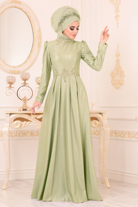 Tesettürlü Abiye Elbise - Karpuz Kol Güpürlü Fıstık Yeşili Tesettür Abiye Elbise 36550FY