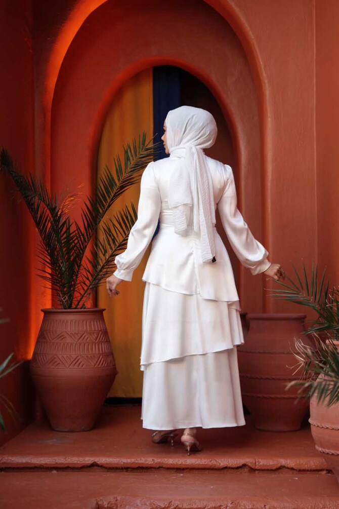 Tesettürlü Abiye Elbise - Kat Etekli Beyaz Tesettür Abiye Elbise 62291B - 4