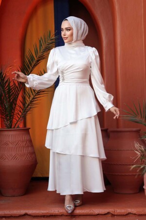 Tesettürlü Abiye Elbise - Kat Etekli Beyaz Tesettür Abiye Elbise 62291B - 1