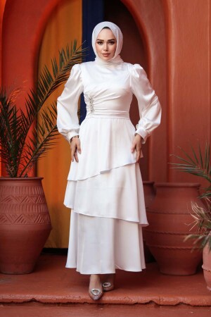 Tesettürlü Abiye Elbise - Kat Etekli Beyaz Tesettür Abiye Elbise 62291B - 2
