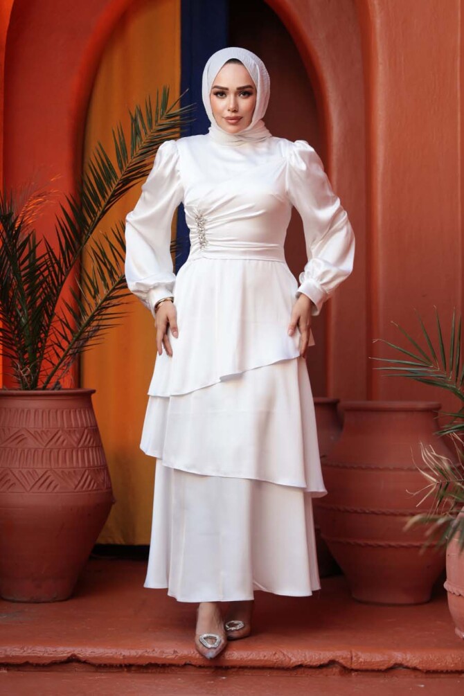 Tesettürlü Abiye Elbise - Kat Etekli Beyaz Tesettür Abiye Elbise 62291B - 2