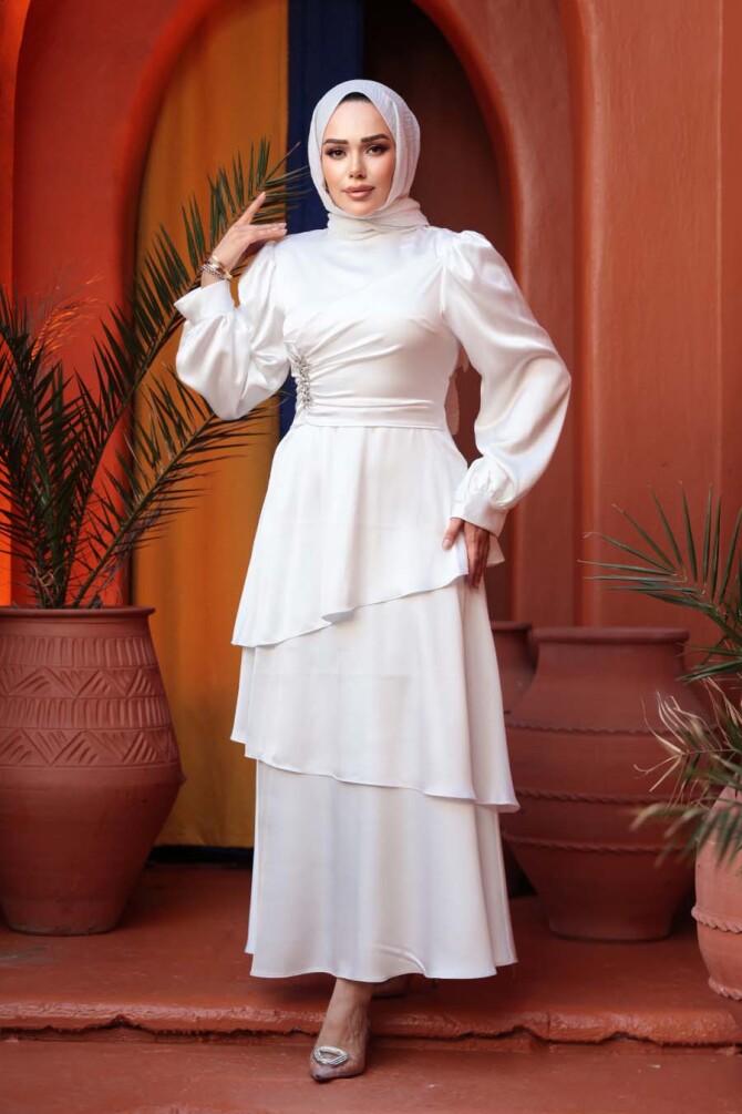 Tesettürlü Abiye Elbise - Kat Etekli Beyaz Tesettür Abiye Elbise 62291B - 3