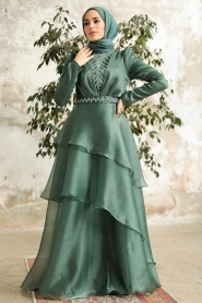 Tesettürlü Abiye Elbise - Kat Etekli Çağla Yeşili Tesettür Abiye Elbise 38221CY - Thumbnail