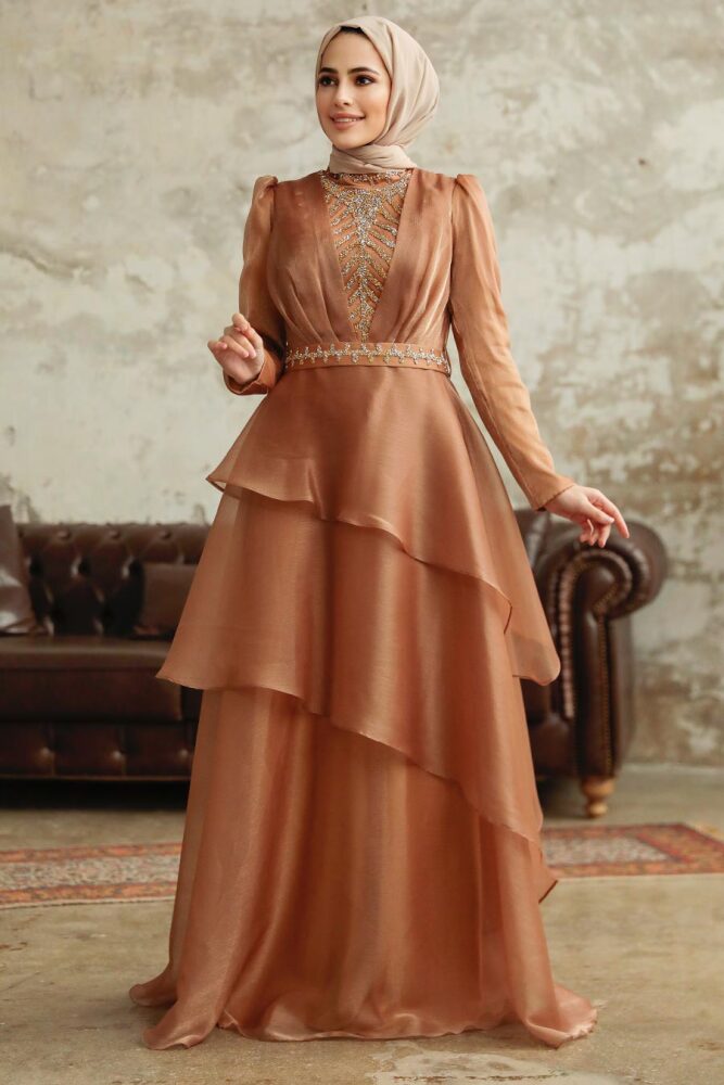 Tesettürlü Abiye Elbise - Kat Etekli Camel Tesettür Abiye Elbise 38221C - 1