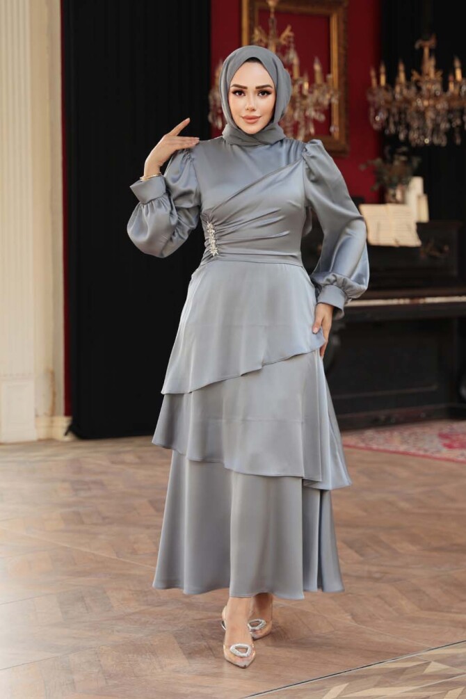 Tesettürlü Abiye Elbise - Kat Etekli Gri Tesettür Abiye Elbise 62291GR - 3