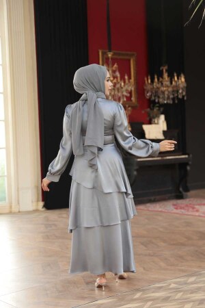 Tesettürlü Abiye Elbise - Kat Etekli Gri Tesettür Abiye Elbise 62291GR - 4