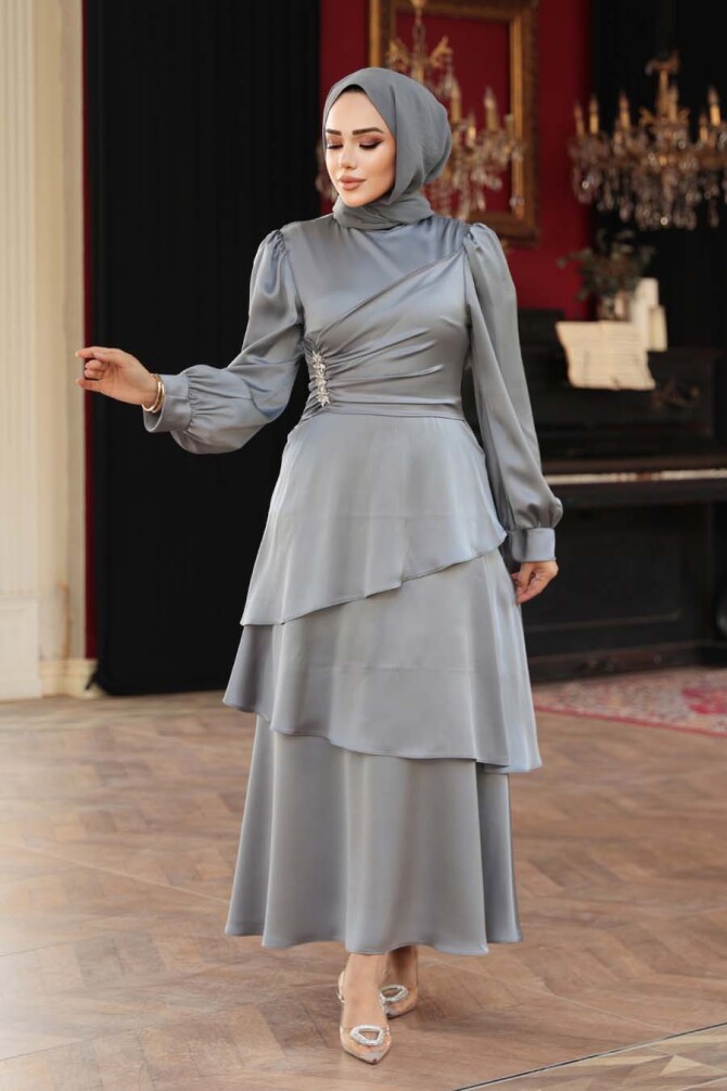Tesettürlü Abiye Elbise - Kat Etekli Gri Tesettür Abiye Elbise 62291GR - N.S NEVA STYLE