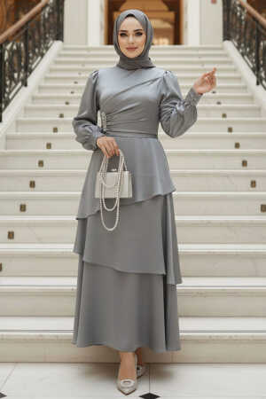 Tesettürlü Abiye Elbise - Kat Etekli Gri Tesettür Abiye Elbise 62291GR 