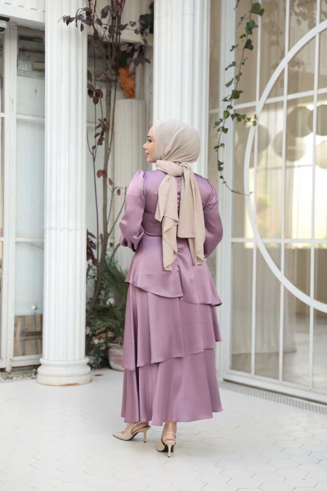 Tesettürlü Abiye Elbise - Kat Etekli Gül Kurusu Tesettür Abiye Elbise 62291GK - 5