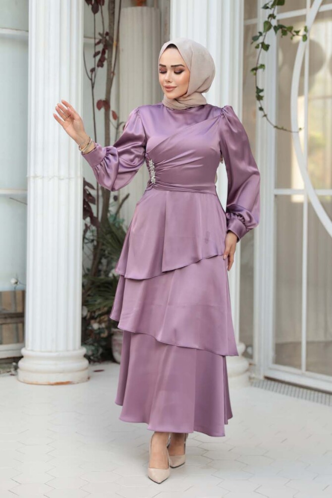 Tesettürlü Abiye Elbise - Kat Etekli Gül Kurusu Tesettür Abiye Elbise 62291GK - N.S NEVA STYLE