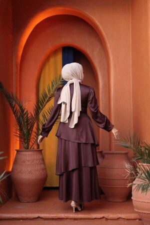 Tesettürlü Abiye Elbise - Kat Etekli Koyu Kahverengi Tesettür Abiye Elbise 62291KKH - 4