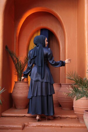 Tesettürlü Abiye Elbise - Kat Etekli Lacivert Tesettür Abiye Elbise 62291L - 4