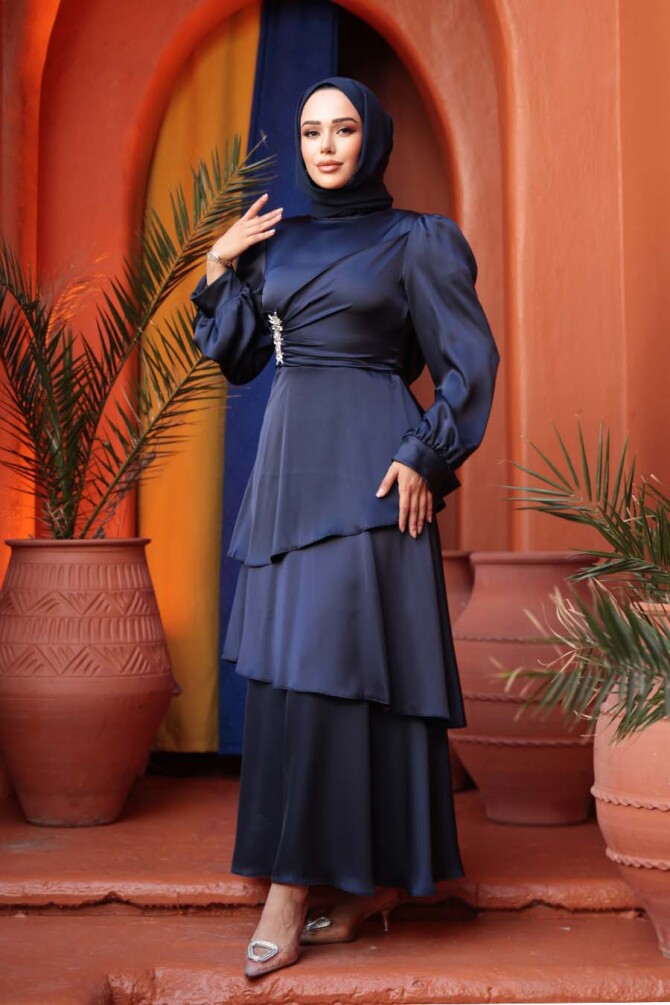 Tesettürlü Abiye Elbise - Kat Etekli Lacivert Tesettür Abiye Elbise 62291L - N.S NEVA STYLE