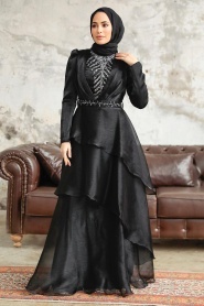 Tesettürlü Abiye Elbise - Kat Etekli Siyah Tesettür Abiye Elbise 38221S - Thumbnail