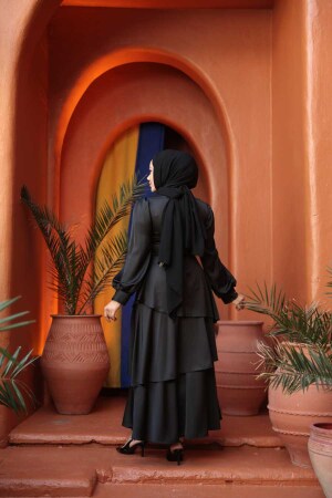 Tesettürlü Abiye Elbise - Kat Etekli Siyah Tesettür Abiye Elbise 62291S - 4