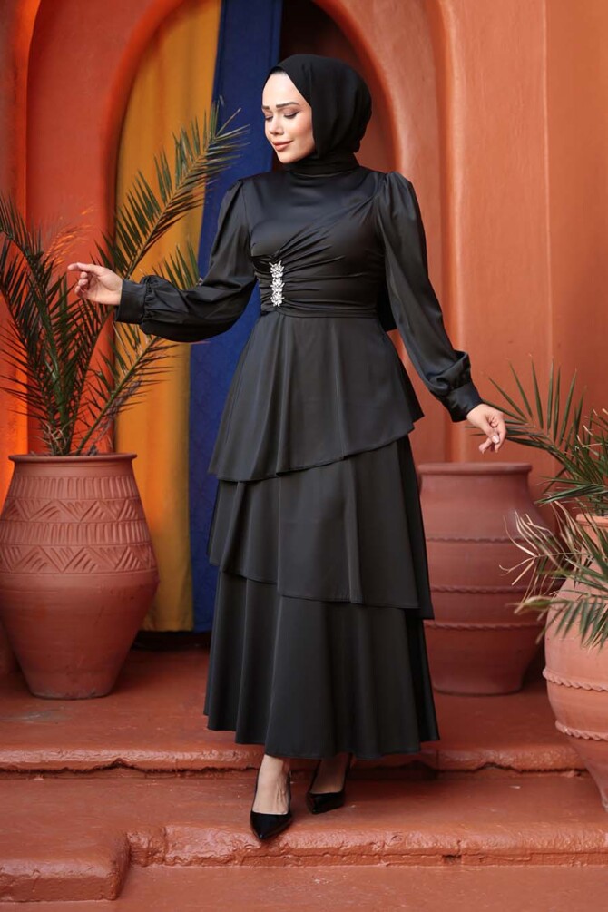 Tesettürlü Abiye Elbise - Kat Etekli Siyah Tesettür Abiye Elbise 62291S - N.S NEVA STYLE