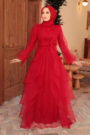 Tesettürlü Abiye Elbise - Kat Kat Kırmızı Tesettür Abiye Elbise 22480K - Thumbnail