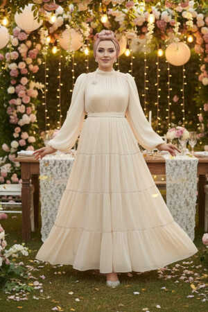 Tesettürlü Abiye Elbise - Kat Piliseli Bej Tesettür Abiye Elbise 52981BEJ 