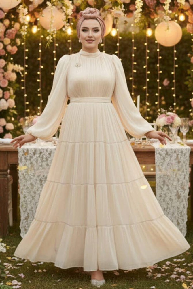 Tesettürlü Abiye Elbise - Kat Piliseli Bej Tesettür Abiye Elbise 52981BEJ - 1