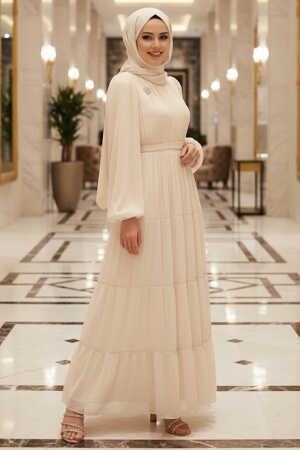 Tesettürlü Abiye Elbise - Kat Piliseli Bej Tesettür Abiye Elbise 52981BEJ 