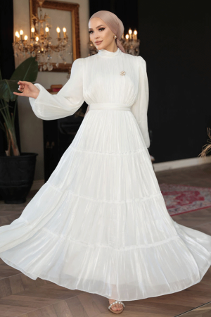 Tesettürlü Abiye Elbise - Kat Piliseli Beyaz Tesettür Abiye Elbise 52981B - 1