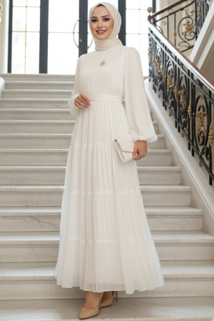 Tesettürlü Abiye Elbise - Kat Piliseli Beyaz Tesettür Abiye Elbise 52981B - 1