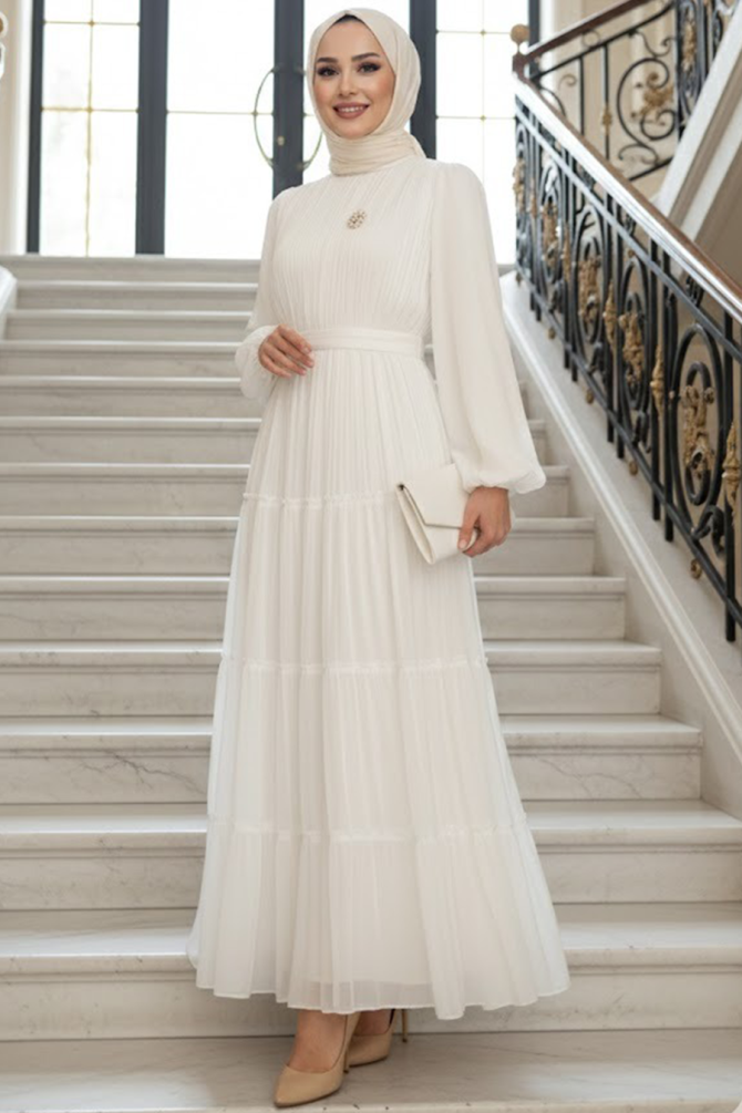 Tesettürlü Abiye Elbise - Kat Piliseli Beyaz Tesettür Abiye Elbise 52981B - N.S NEVA STYLE