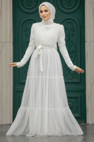 Tesettürlü Abiye Elbise - Kat Piliseli Beyaz Tesettür Abiye Elbise 55621B - Thumbnail
