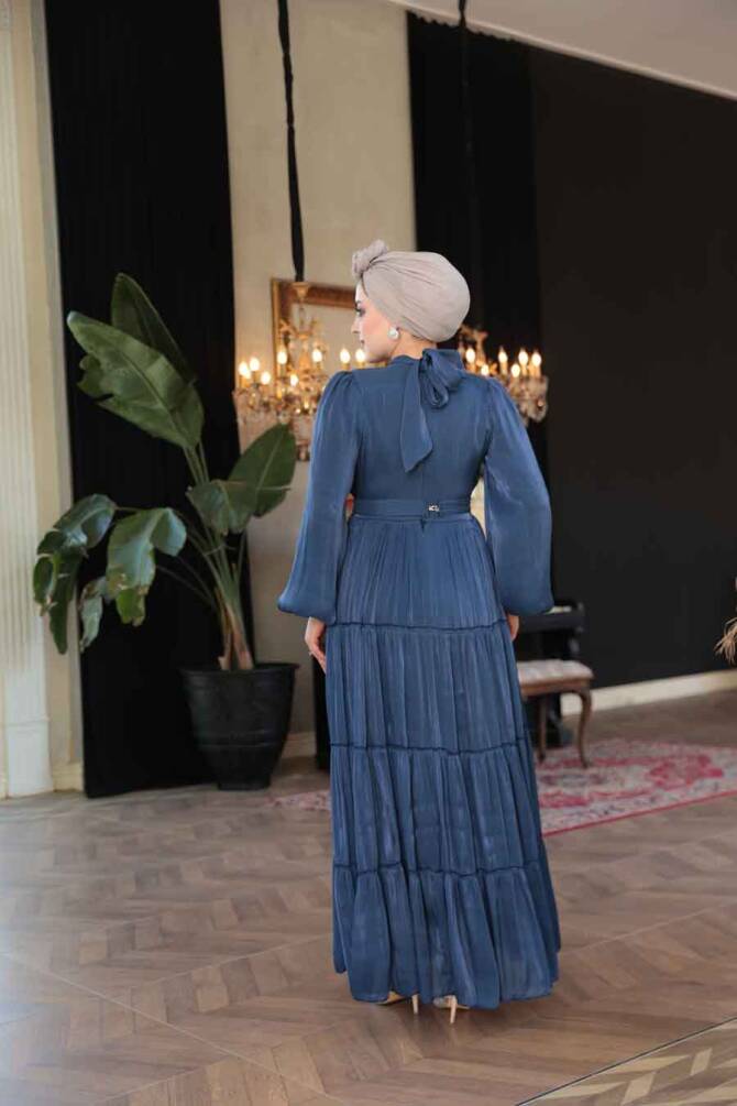 Tesettürlü Abiye Elbise - Kat Piliseli Lacivert Tesettür Abiye Elbise 52981L - 5