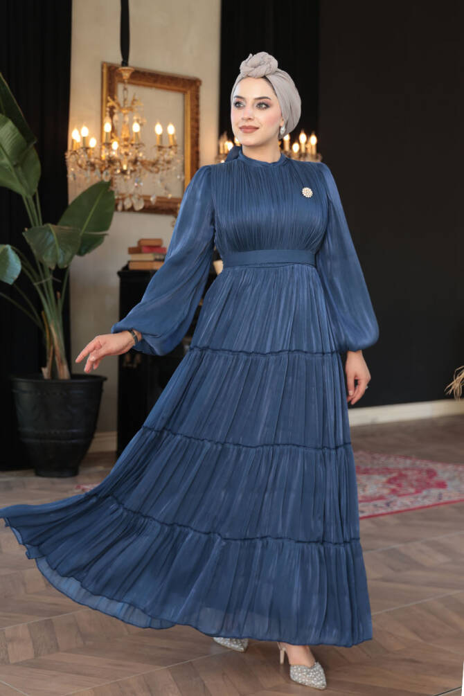 Tesettürlü Abiye Elbise - Kat Piliseli Lacivert Tesettür Abiye Elbise 52981L - 1