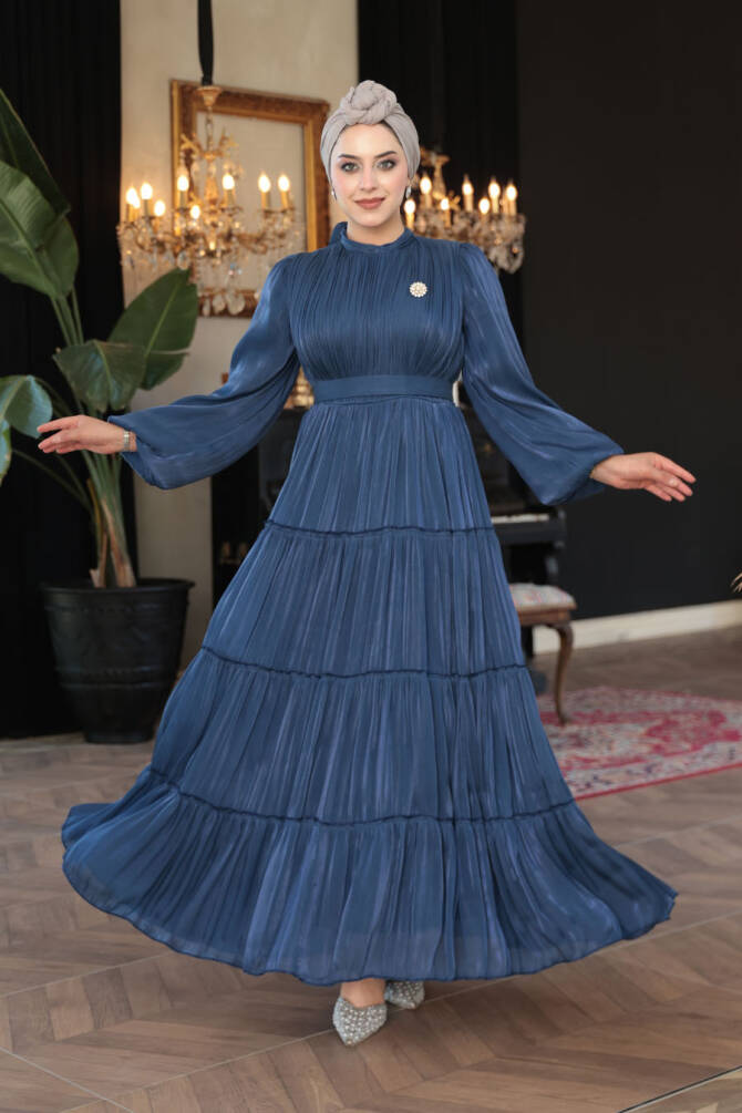 Tesettürlü Abiye Elbise - Kat Piliseli Lacivert Tesettür Abiye Elbise 52981L - 2