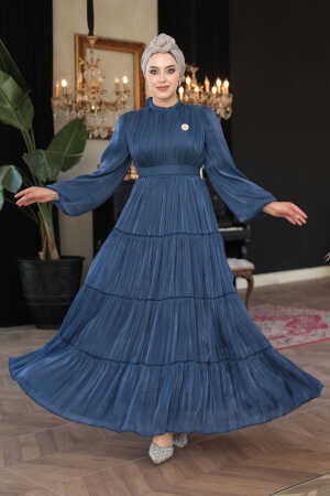 Tesettürlü Abiye Elbise - Kat Piliseli Lacivert Tesettür Abiye Elbise 52981L - 3